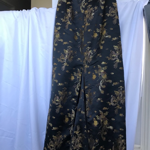 Golden Dragon on Black Satin long skirt EUC small - Picture 3 of 8